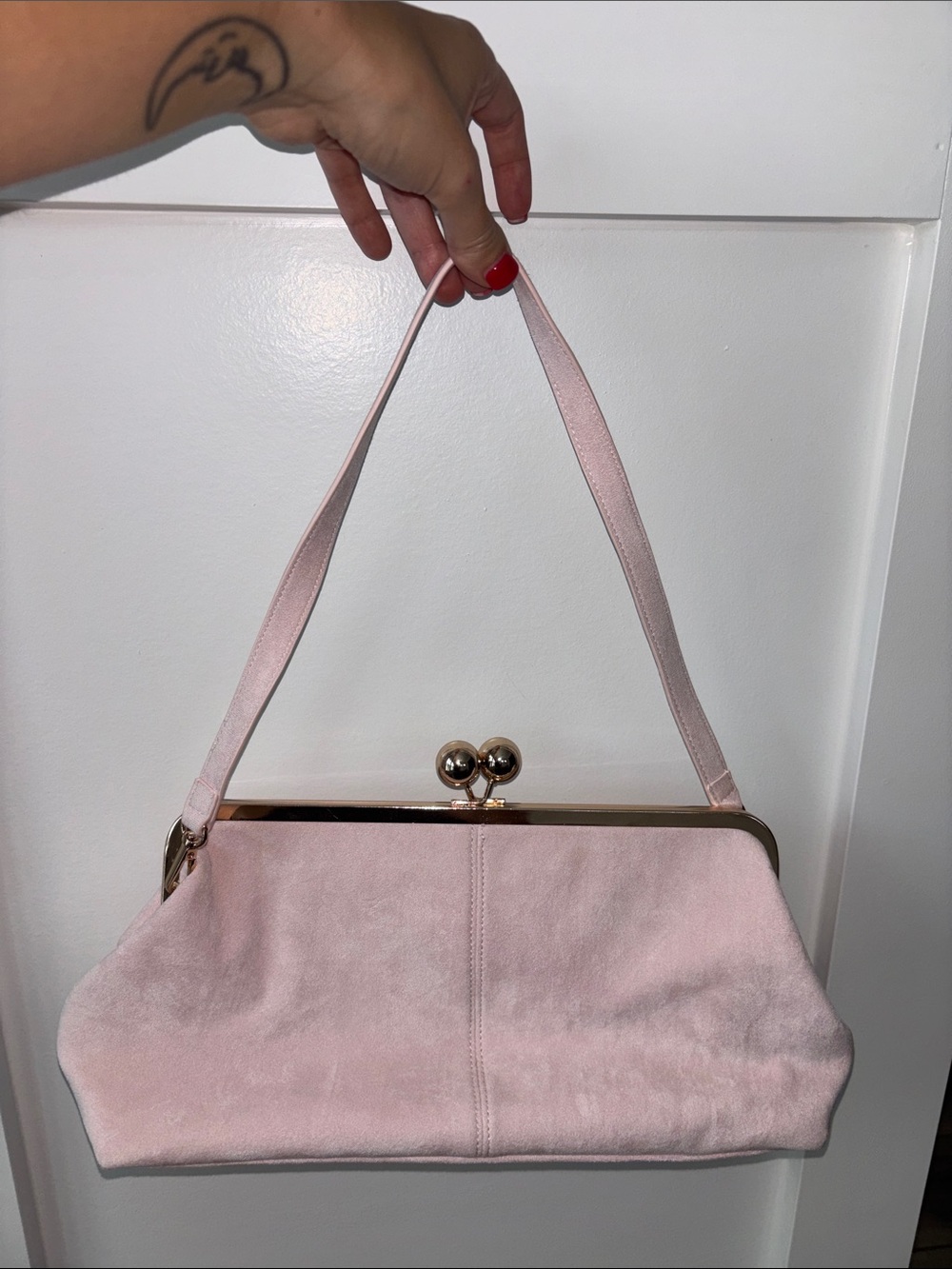 a new day Pink Suede Frame-Top Shoulder Bag with Gold Hardware